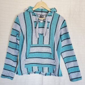 Original Senor Lopez Womens Baja Hoodie Teal Striped Long Sleeve Pullover Sz M